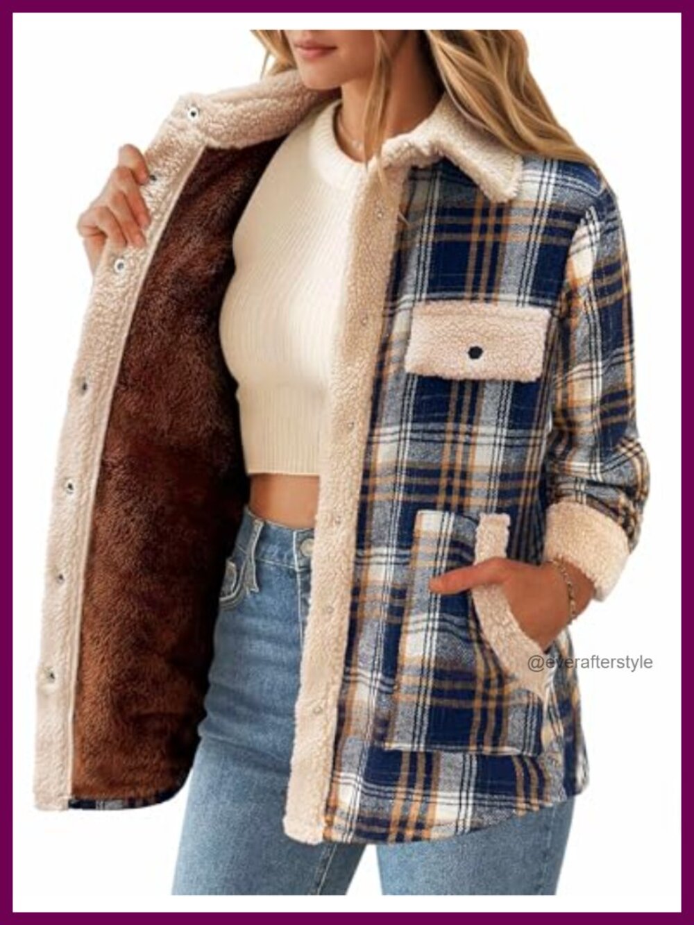Womens Fleece Lined Flannel Shacket Plaid Sherpa Button Up Jacket